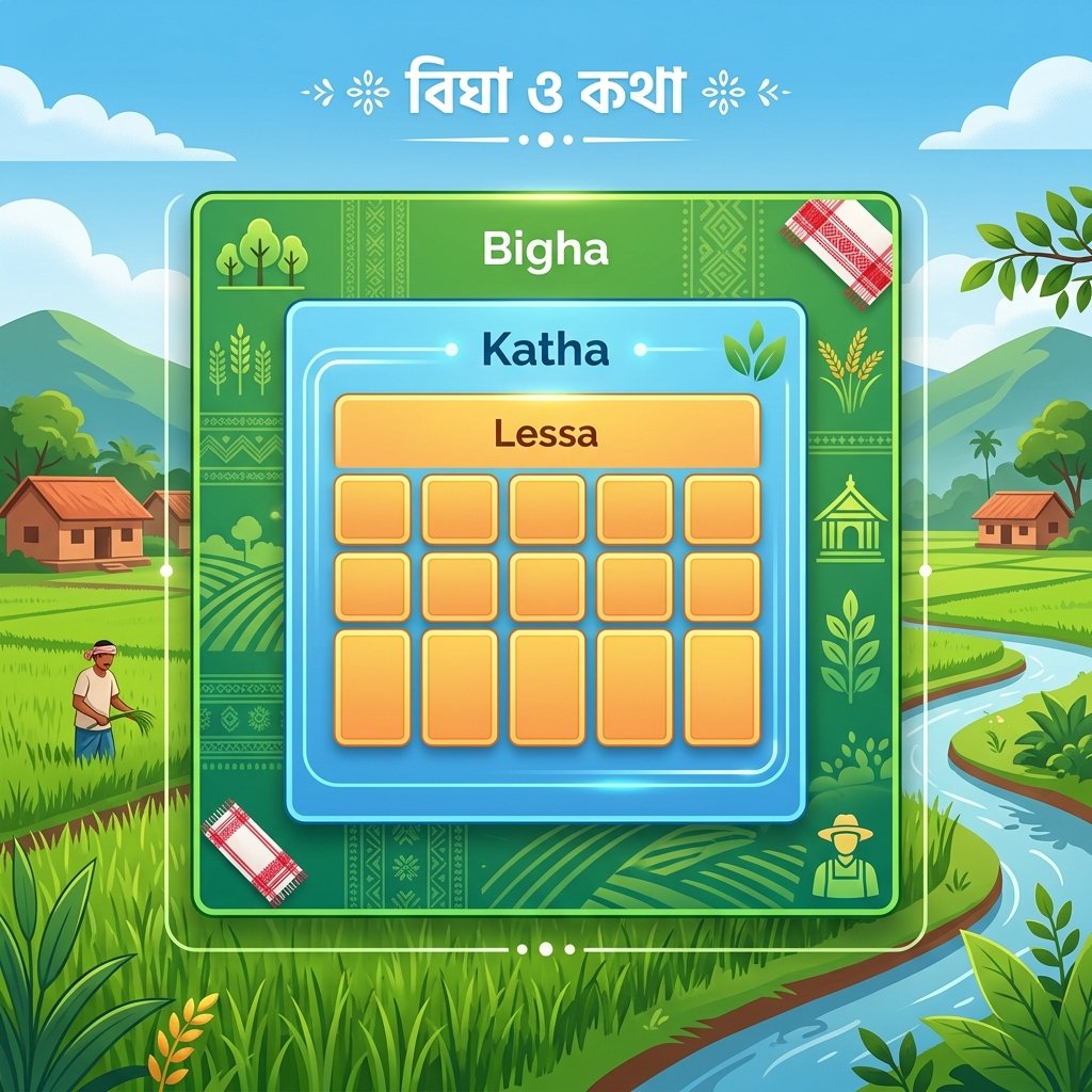 Visual explanation of Bigha, Katha and Lessa land measurements in Assam